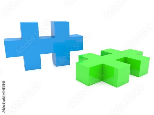 A piece of blue and green puzzle on white