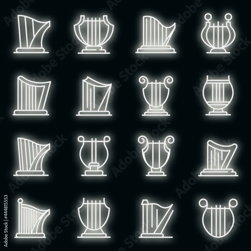 Harp icons set. Outline set of harp vector icons neon color on black