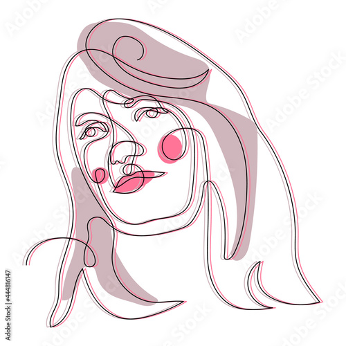 Abstract portrait of a girl drawn in one continuous line with a glitch effect. Vector illustration. Great for advertising posters, printing on clothing.