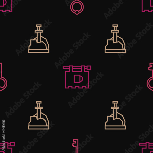 Set line Old key, Sword in the stone and Street signboard with Bar on seamless pattern. Vector