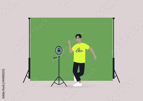 A young male Asian character recording a dancing challenge video with their mobile phone on a tripod, chroma key background, modern gen z lifestyle
