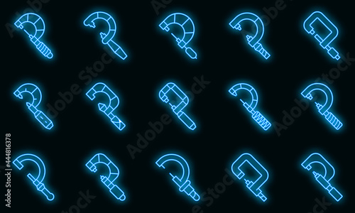 Micrometer icons set. Outline set of micrometer vector icons neon color on black