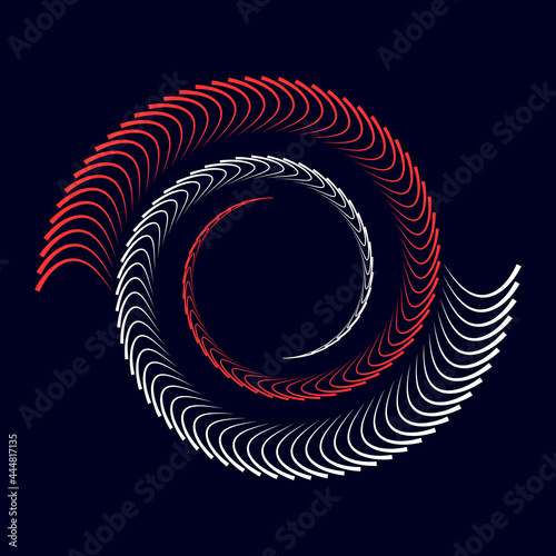 Red and black lines in spiral like yin and yang symbol over black background.