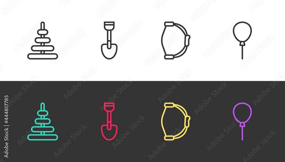 Set line Pyramid toy, Shovel, Bow and Balloons with ribbon on black and white. Vector Set line Pyramid toy, Shovel, Bow and Balloons with ribbon on black and white. Vector