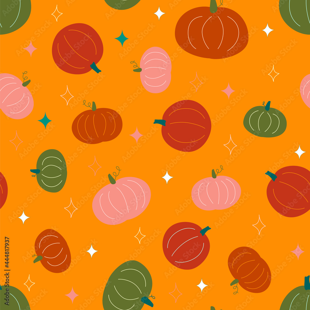 Seamless vector pattern with pumpkins. Halloween print. Cozy and cute. Trendy colors of the autumn. Perfect for scrapbooking paper, textile, fabric, card Seamless vector pattern with pumpkins. Halloween print. Cozy and cute. Trendy colors of the autumn. Perfect for scrapbooking paper, textile, fabric, card