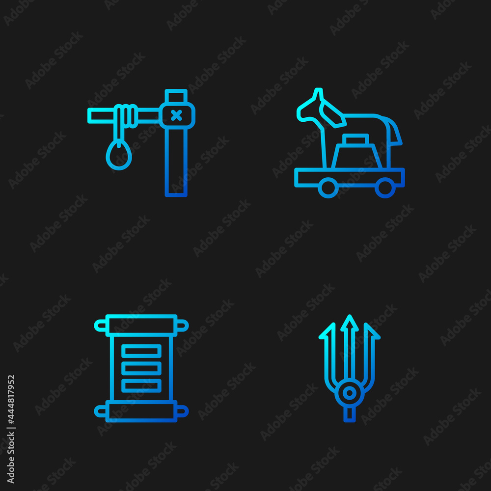 Set line Neptune Trident, Decree, parchment, scroll, Gallows and Trojan horse. Gradient color icons. Vector