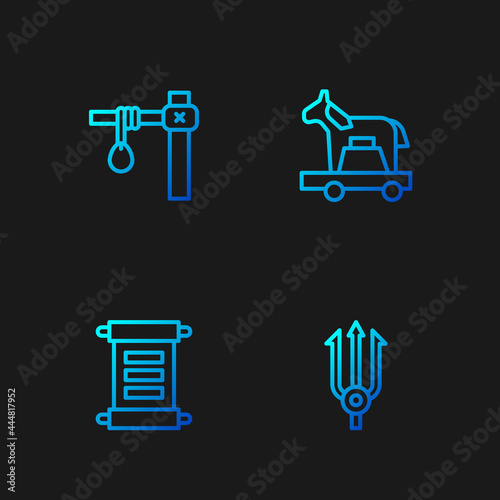 Set line Neptune Trident, Decree, parchment, scroll, Gallows and Trojan horse. Gradient color icons. Vector