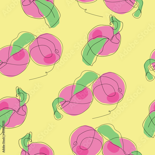 Vector seamless pattern of pink peaches on a yellow background, drawn with one continuous line. The illustration is suitable for packaging paper, decorating food display cases, printing on fabric.