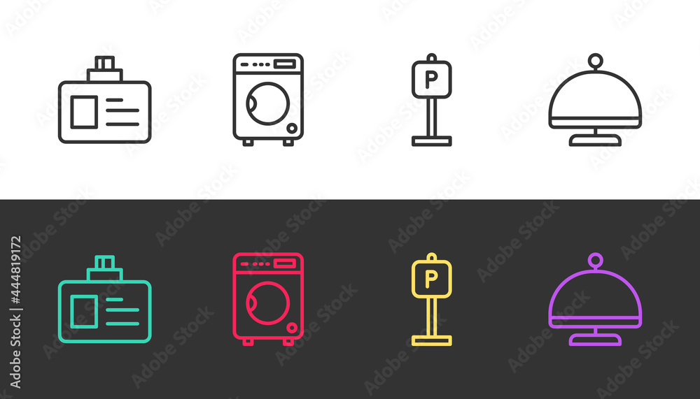 Set line Identification badge, Washer, Parking and Covered with tray on black and white. Vector Set line Identification badge, Washer, Parking and Covered with tray on black and white. Vector