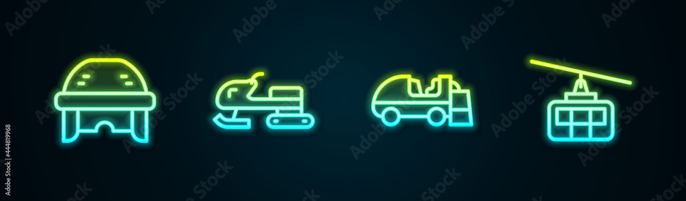 Set line Hockey helmet, Snowmobile, Ice resurfacer and Cable car. Glowing neon icon. Vector Set line Hockey helmet, Snowmobile, Ice resurfacer and Cable car. Glowing neon icon. Vector