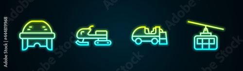 Set line Hockey helmet, Snowmobile, Ice resurfacer and Cable car. Glowing neon icon. Vector