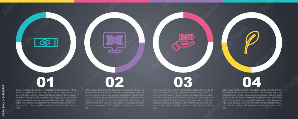 Set line Blood test and virus, DNA symbol, Bio healthy food and Leaf or leaves. Business infographic template. Vector