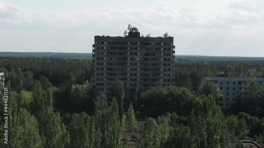 Aerial video abandoned buildings In Ghost Town Pripyat, Ukraine. Chernobyl Disaster Exclusion Zone. Summer Aerial video abandoned buildings In Ghost Town Pripyat, Ukraine. Chernobyl Disaster Exclusion Zone. Summer