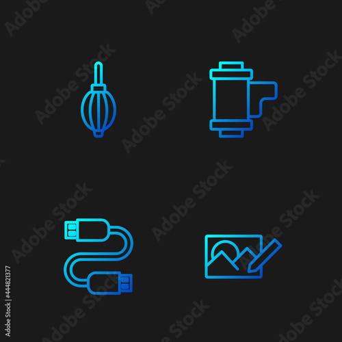 Set line Photo retouching, USB cable cord, Dust blower and Camera roll cartridge. Gradient color icons. Vector