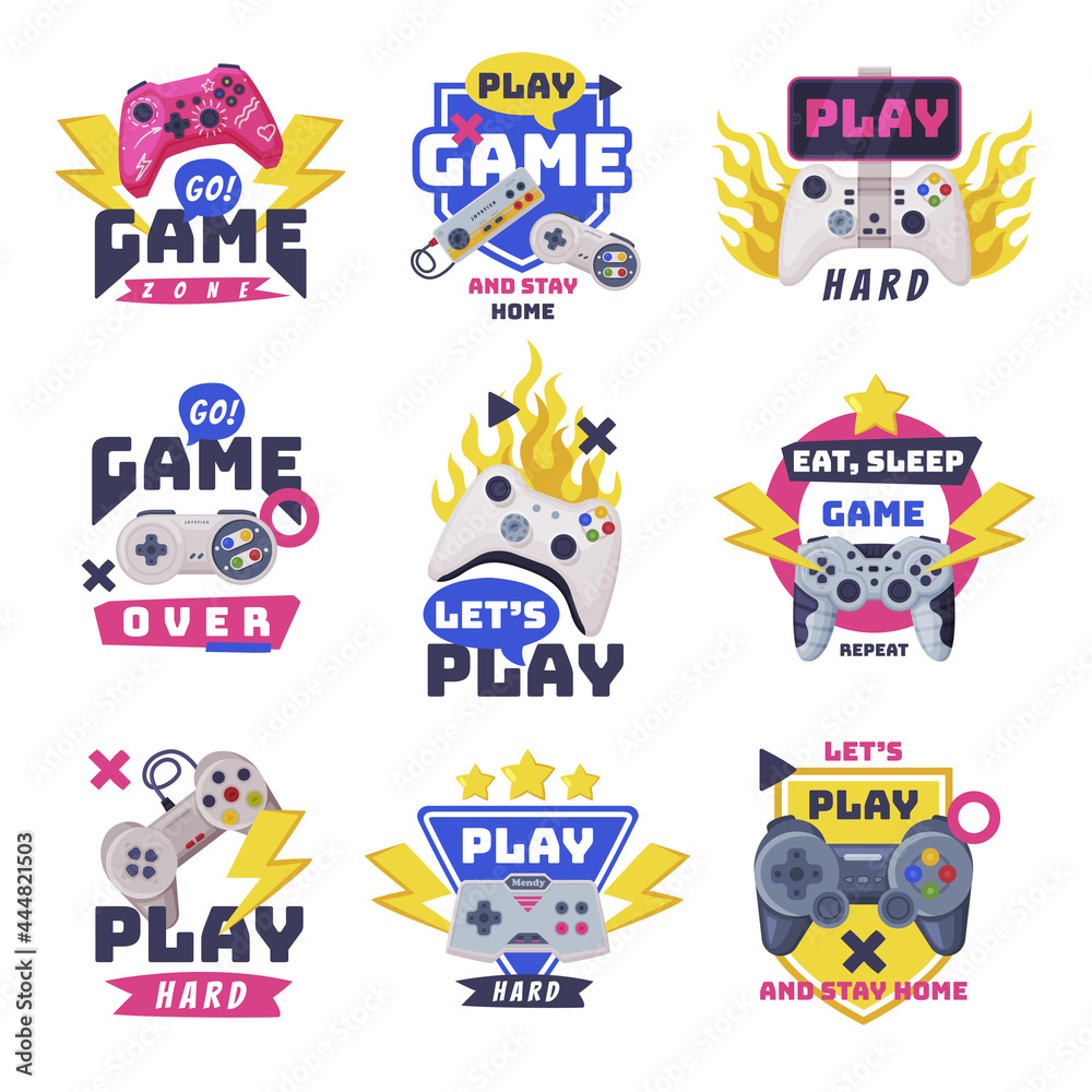 Play Game and Stay Home Logo Design Set, Eat, Sleep, Game Slogans, Prints Design Vector Illustration