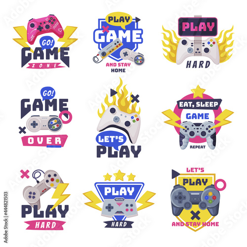Play Game and Stay Home Logo Design Set  Eat  Sleep  Game Slogans  Prints Design Vector Illustration