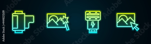 Set line Camera roll cartridge, Photo retouching, camera flash and . Glowing neon icon. Vector