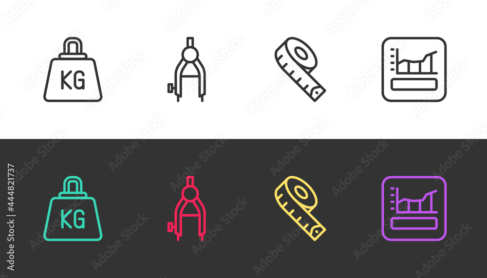 Set line Weight, Drawing compass, Measuring tape and Graph, schedule, chart, diagram on black and white. Vector Set line Weight, Drawing compass, Measuring tape and Graph, schedule, chart, diagram on black and white. Vector