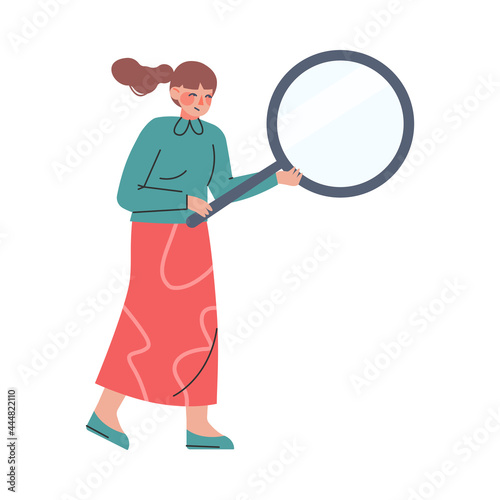 Woman Searching Untruth Information through Magnifying Glass, Fake News, Disinformation Cartoon Vector Illustration