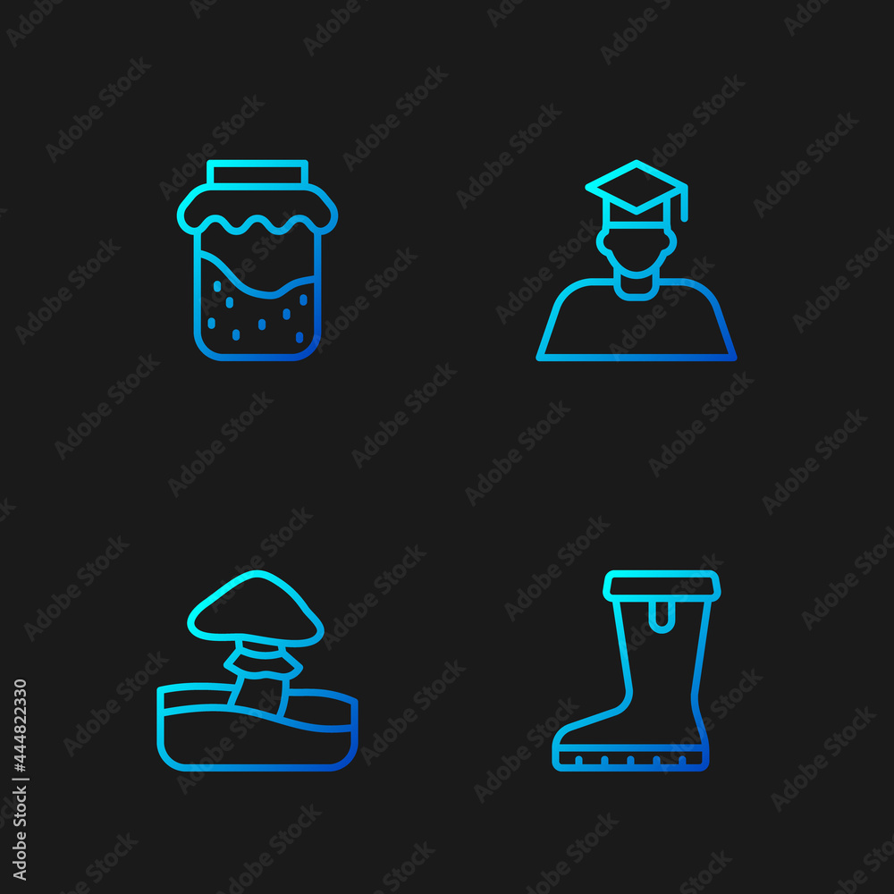 Set line Waterproof rubber boot, Mushroom, Jam jar and Graduate and graduation cap. Gradient color icons. Vector Set line Waterproof rubber boot, Mushroom, Jam jar and Graduate and graduation cap. Gradient color icons. Vector