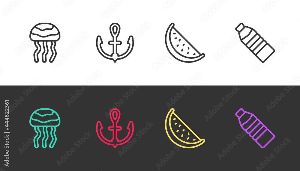 Set line Jellyfish, Anchor, Watermelon and Bottle of water on black and white. Vector
