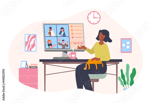 Corporate video call concept. A woman is sitting at a table with a cat, drinking coffee and communicating with colleagues via video link. Communication in quarantine. Cartoon flat vector illustration
