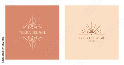 Set of vector bohemian logos.Boho linear icons or symbols in trendy minimal style.Modern celestial emblems.Letters with Tierra del Sol means The Land of Sun,Letters with Luna del Mar means Sea Moon