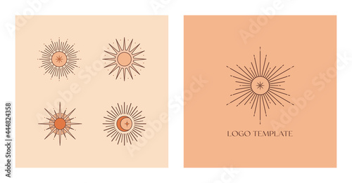 Set of vector bohemian logo design templates with sun and sunburst. Boho linear icons or symbols in trendy minimalist style.Modern celestial emblems.Branding design templates.