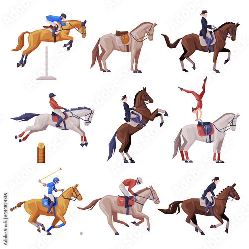 Equestrian Sports Set, People Riding Horses, Racing, Dressage, Vaulting Vector Illustration © topvectors