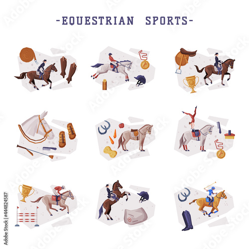 Equestrian Sports Set, People Riding Horses, Racing, Dressage, Vaulting, Horse Riding Essentials and Grooming Tools Vector Illustration