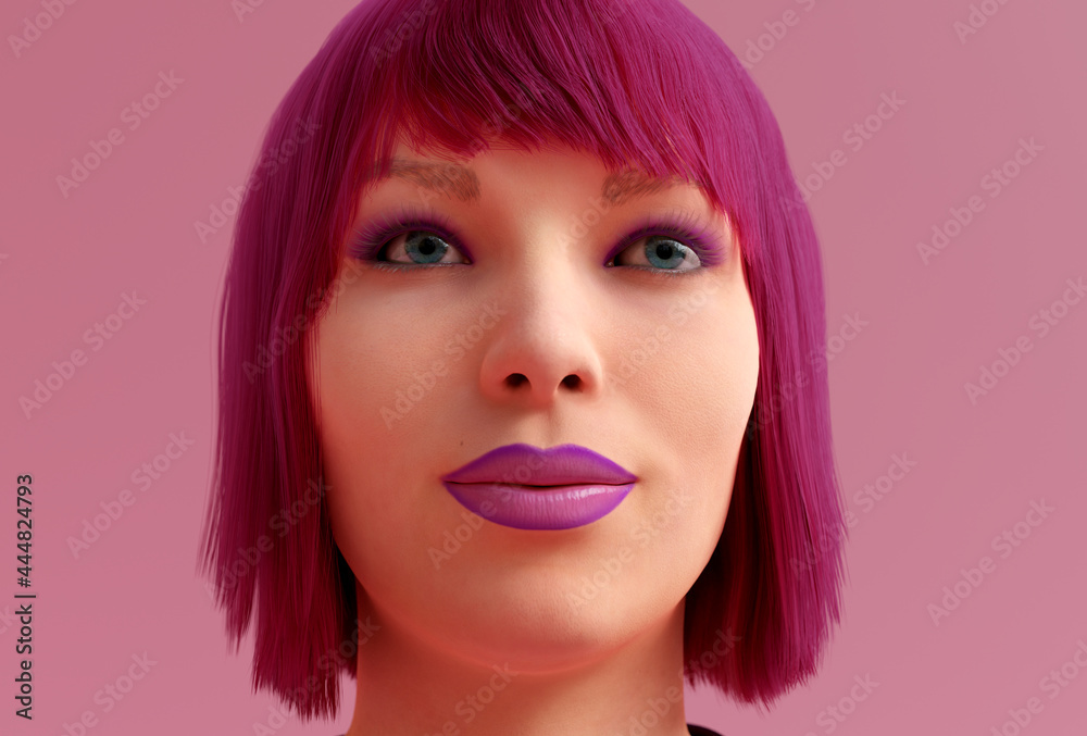 young woman close-up with pink lipstick blunt hair and makeup red hair 3D illustration young woman close-up with pink lipstick blunt hair and makeup red hair 3D illustration