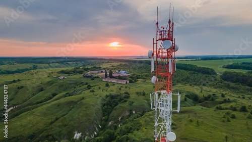 Fotografie, Obraz Telecommunication tower 5G, Wireless GSM Antenna connection system of communication systems in countryside