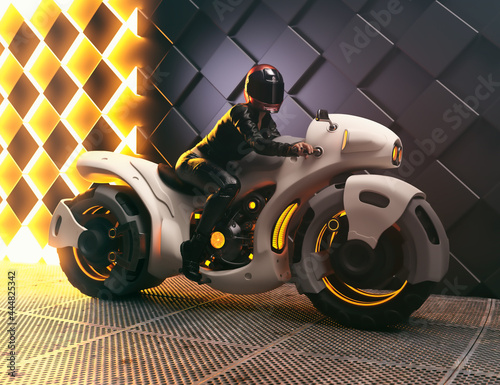 Female Rider with Futuristic Sport Model Motorcycle. - 3d rendering photo