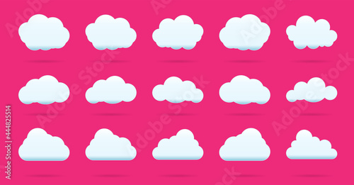 Cloud vector icon set white color on pink background. Different nature cloudscape weather symbols.