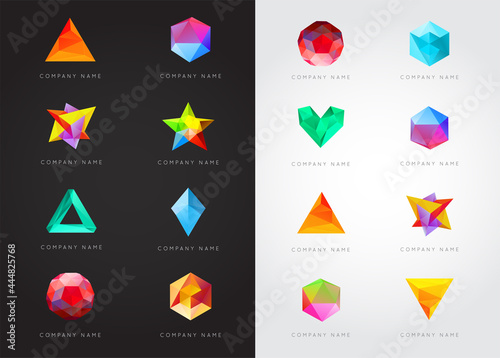 Big Set of Trendy Crystal Triangulated Gem Logo Elements. Perfect for Business. Geometric Low Polygon Style. Visual Identity.