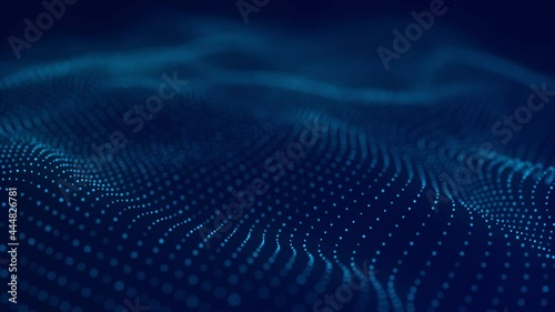 Digital technology background. Abstract dynamic wave of connected dots and lines on dark background. Wave of bright particles. Big data. 4K illustration. 3d rendering.