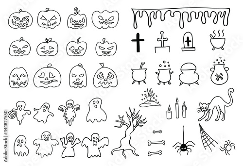 Set of Halloween doodle style vector on a white background. Spooky elements for your design Hand drawn 