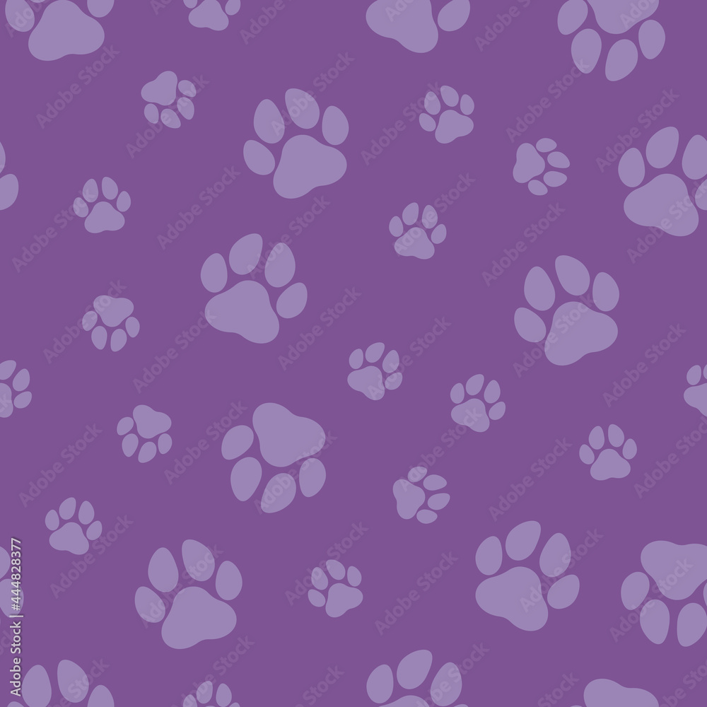 Purple Paw Print Seamless Vector Pattern. Cute, fun animal illustration background. Dog and cat pet themed foot print silhouette motif, repeating wallpaper texture design. 
