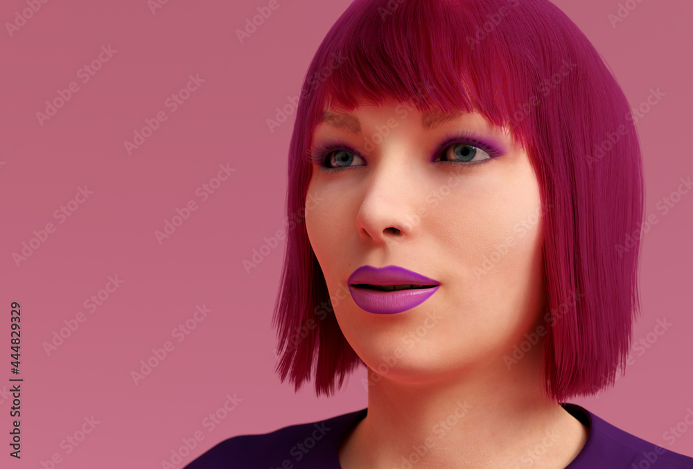 pink girl redhead blunt style attractive makeup model studio shot profile view 3D illustration pink girl redhead blunt style attractive makeup model studio shot profile view 3D illustration
