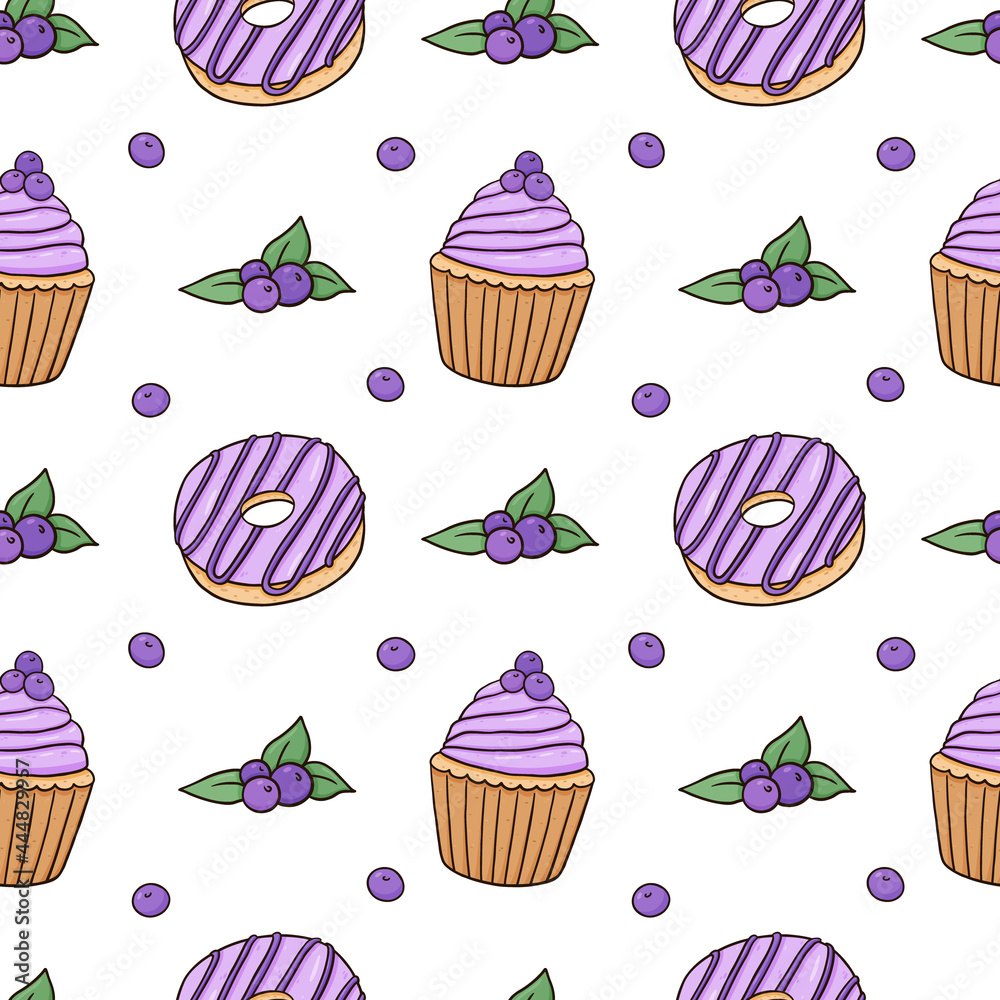 Seamless pattern with glazed donuts and cupcakes with blueberries on white background. Vector background in colored doodle style. Perfect for menu, wrapping paper, packaging designs, decorations.