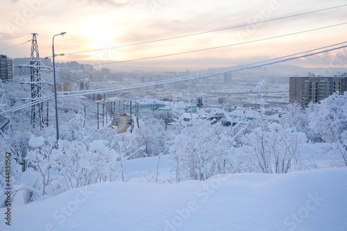 MURMANSK  RUSSIA - FEBRUARY 10  2021  Semonovskoye lake covered by snow in winter