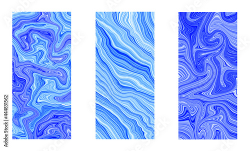 Abstract, liquid art mobile phone screen wallpaper with three option. Set of vertical abstract backgrounds. Blue color screen wallpaper template. 