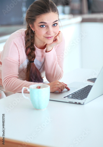 Young woman standing in kitchen using laptop