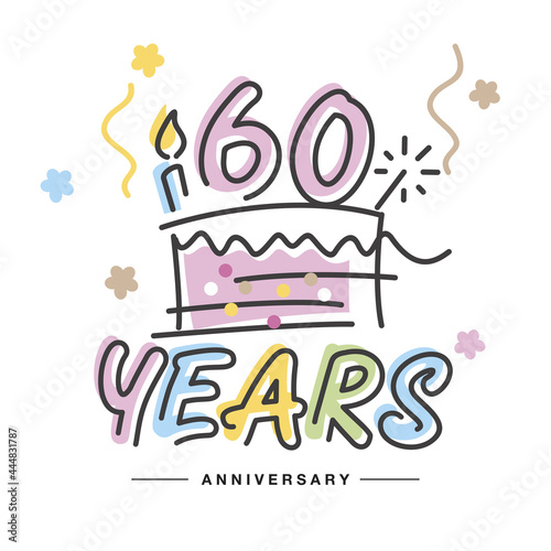 60 Years Anniversary handwritten typography lettering Greeting card with colorful big cake, sparkle firework, number, candle and confetti