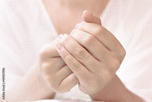 Hands depicting many gestures isolated on light background. Hand and skin care © JessiyLeo