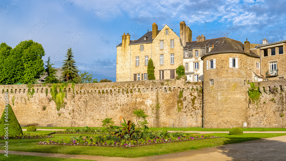 Vannes, medieval city in Brittany, view of the ramparts garden with flowerbed 
