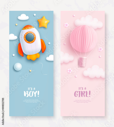 Set of baby shower rollup with cartoon rocket and hot air balloon on blue and pink background. It's a boy. It's a girl. Vector illustration