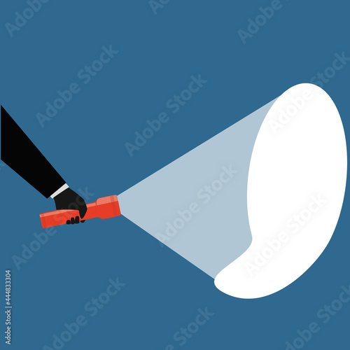hand with a flashlight shines, illuminates, finds something, vector illustration