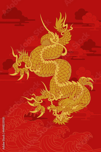 Dragon Oriental traditional painting illustration down red bg tattoo design                                           