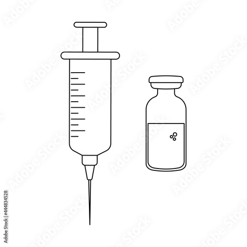 Outline syringe and vaccine vial icons isolated on white background. Vaccination and immunization concept. Editable stroke. Vector illustration in linear style.